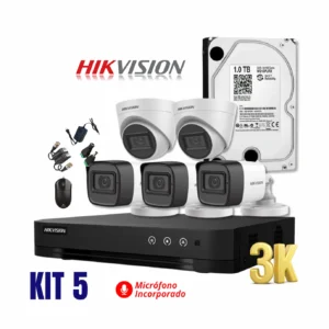 KIT HIKVISION 5MP 3K DE 5 CÁMARAS FULL HD CON AUDIO