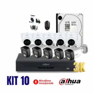 KIT DAHUA DE 10 CÁMARAS FULL HD 3K CON AUDIO KIT DAHUA DE 10 CÁMARAS FULL HD 3K 5MP CON AUDIO