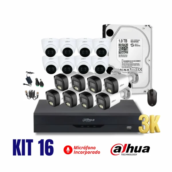 KIT DAHUA DE 16 CÁMARAS FULL HD 3K 5MP CON AUDIO